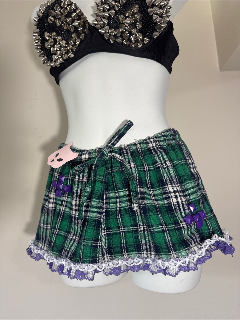 Cursed Kitty Clothing “Punk Prayer” Green Tartan & Purple Studded Mini Skirt by